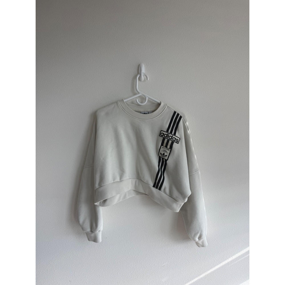 Adidas Originals Women Cropped Sweatshirt Cream Off White 3 Stripe Pullover S